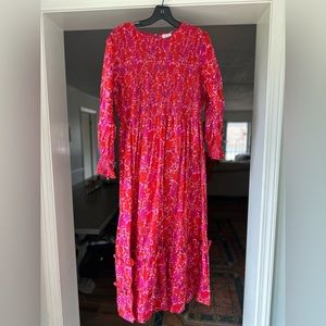 Pink/Red floral maxi dress with sleeves.  Size large.  Smocked top.